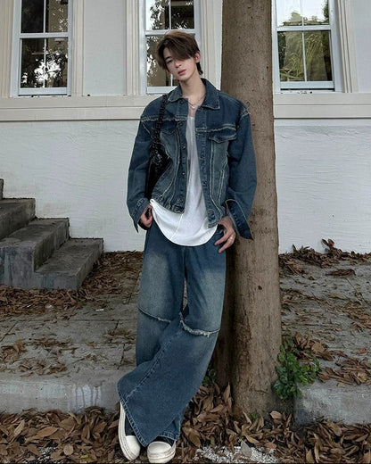 ルーズフィット フリンジ切替 デニムパンツ-se0203