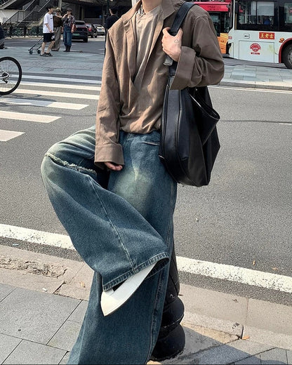 ルーズフィット フリンジ切替 デニムパンツ-se0203