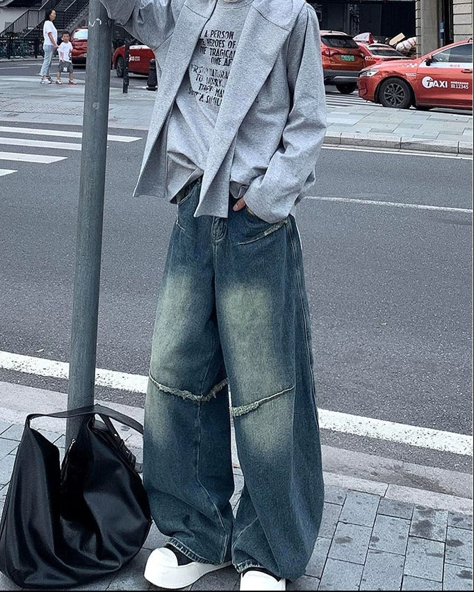 ルーズフィット フリンジ切替 デニムパンツ-se0203