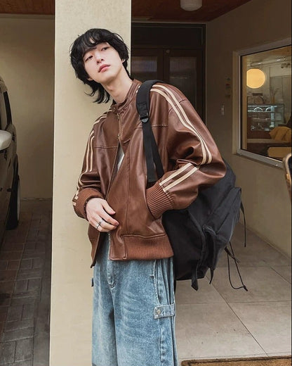 ジップアップ ラインレザージャケット-se0185