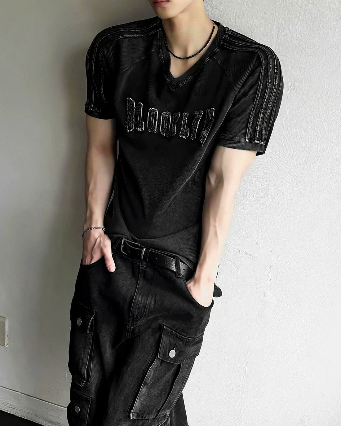 ヴィンテージウォッシュ Vネック単丈Tシャツ-se0083