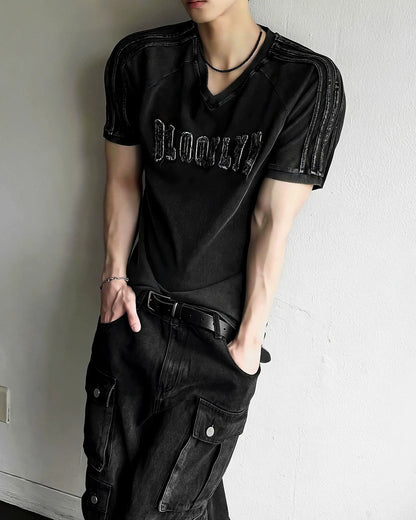 ヴィンテージウォッシュ Vネック単丈Tシャツ-se0083
