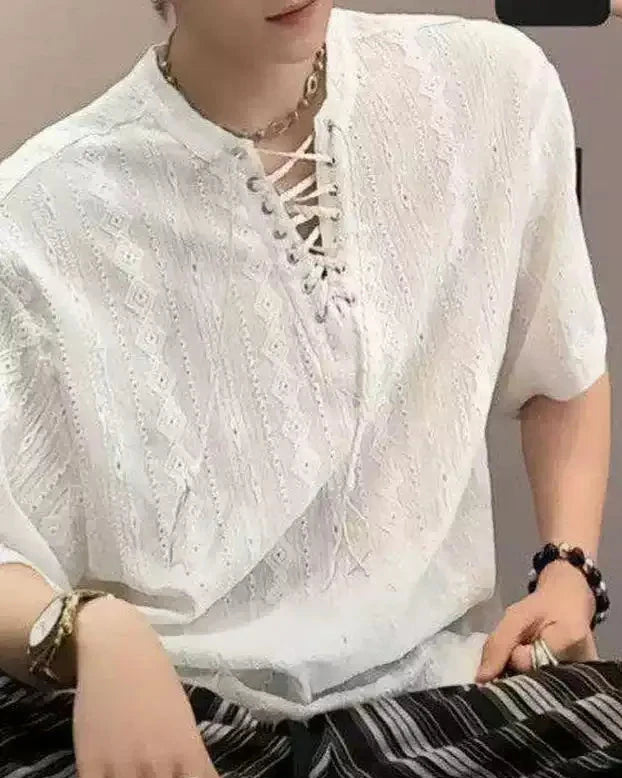 Vネック スリット紐 サマーニットTシャツ-se0028